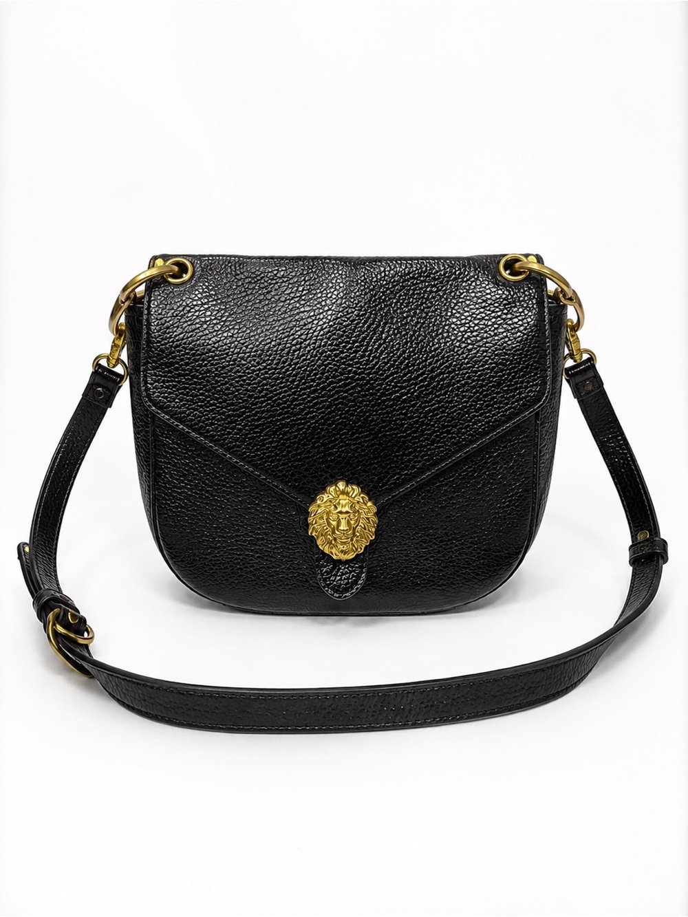 Anne Klein Lion Head Crossbody Saddle Bag Black Pebbled Faux Leather Flap Purse